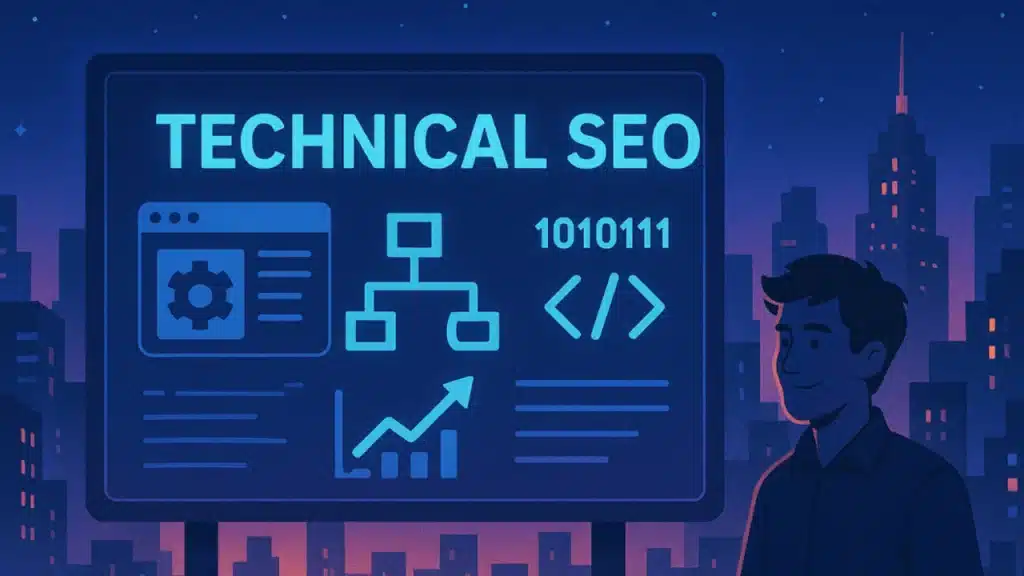 Illustration en style néon sur fond bleu nuit montrant un grand écran avec 'TECHNICAL SEO' en titre et divers éléments techniques