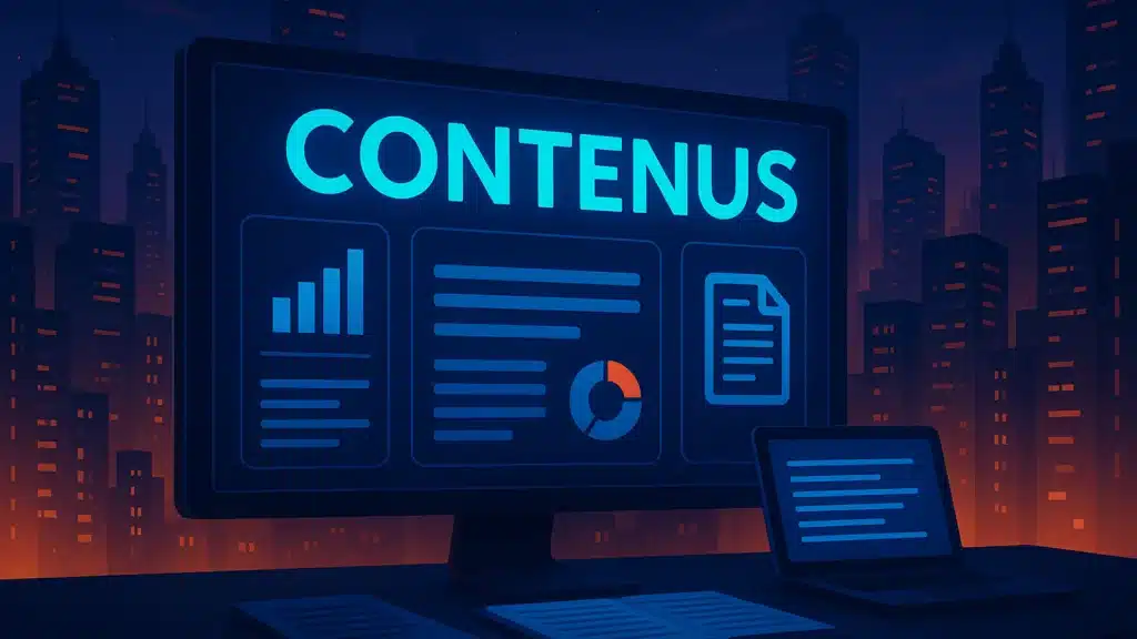 Écran d'ordinateur affichant un tableau de bord de contenu digital avec graphiques, documents et statistiques sur fond de paysage urbain nocturne