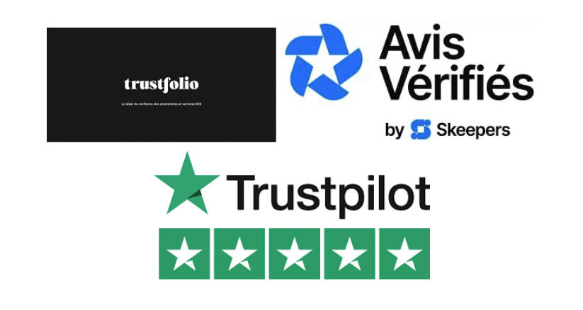 Image montrant trois logos de plateformes d'avis clients : Trustfolio sur fond noir en haut à gauche, Avis Vérifiés avec une étoile bleue par Skeepers à droite, et Trustpilot avec son étoile verte et ses cinq étoiles vertes en bas