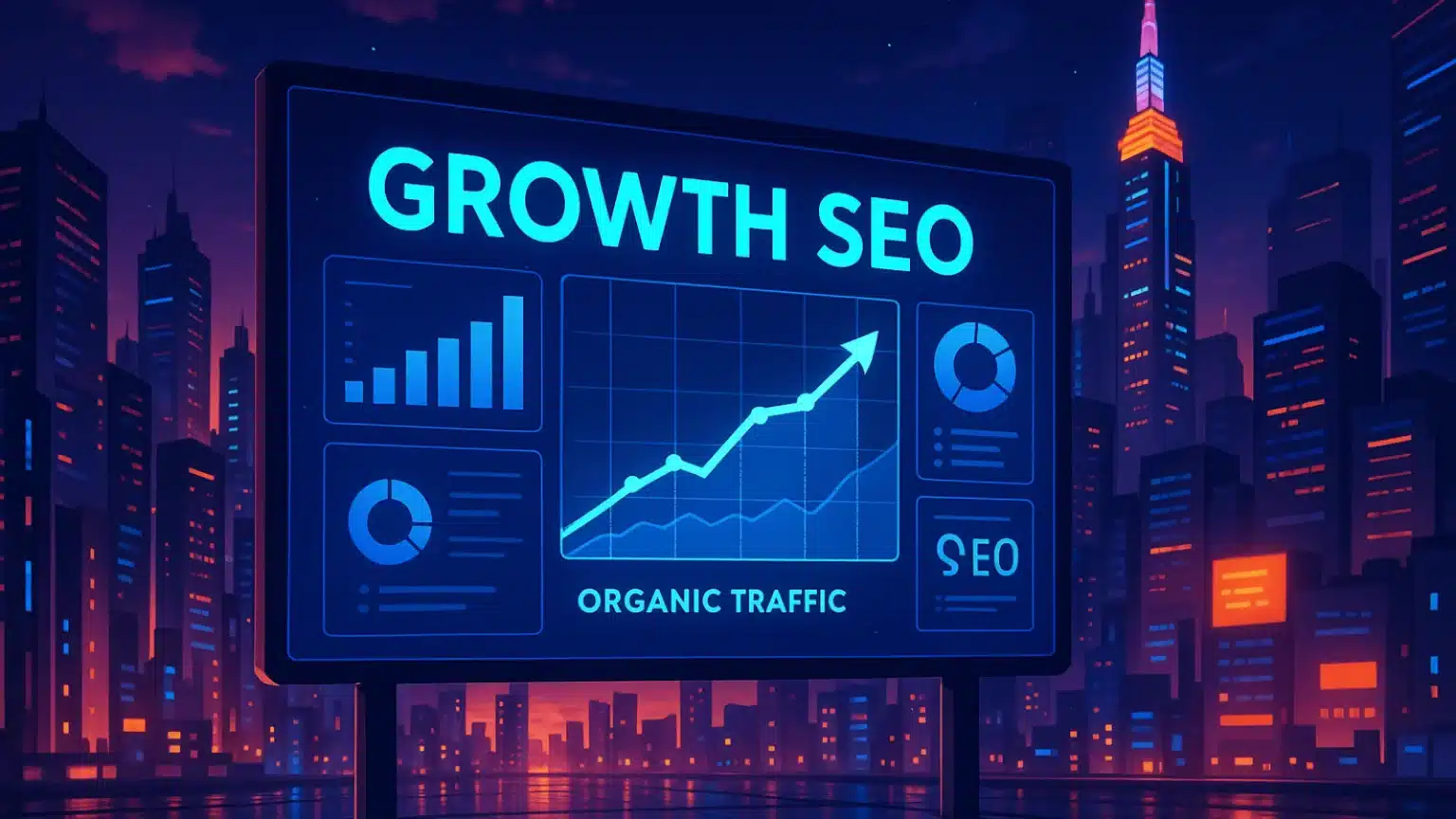 Tableau de bord Growth SEO affichant des graphiques de croissance et de trafic organique sur fond de paysage urbain nocturne