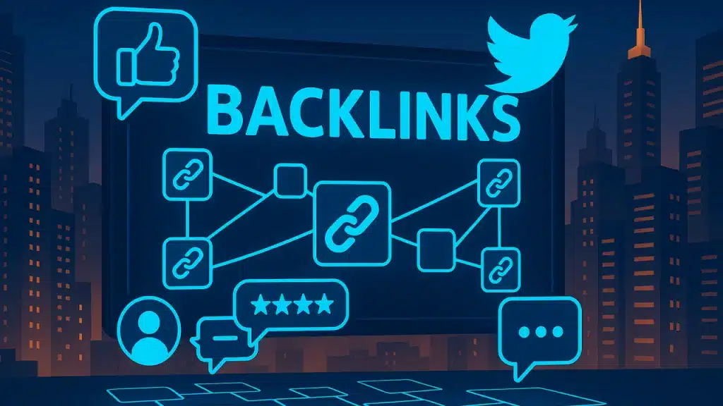 Image graphique sur fond bleu foncé avec skyline urbain illustrant le concept de backlinks en SEO