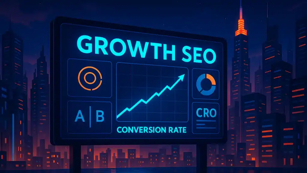 Tableau de bord Growth SEO montrant un graphique de taux de conversion en hausse, des métriques A/B testing et CRO sur fond de ville nocturne