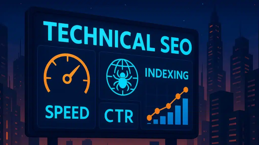 Dashboard de Technical SEO affichant des métriques sur fond de paysage urbain nocturne