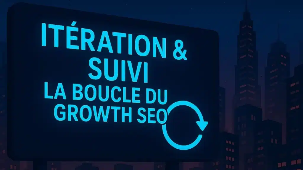 Panneau d'affichage lumineux en bleu sur fond de ville nocturne illustrant le concept cyclique de l'itération et du suivi dans le Growth SEO