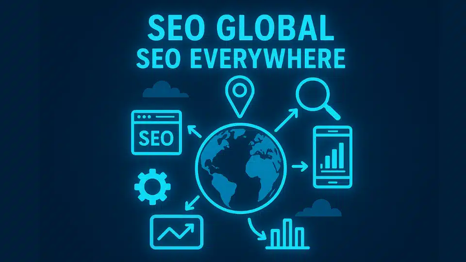 Concept de SEO Global avec un globe terrestre central entouré d'icônes représentant différents aspects du référencement naturel