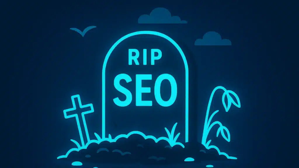 Illustration conceptuelle d'une pierre tombale avec l'inscription 'RIP SEO' symbolisant la mort des anciennes techniques de référencement