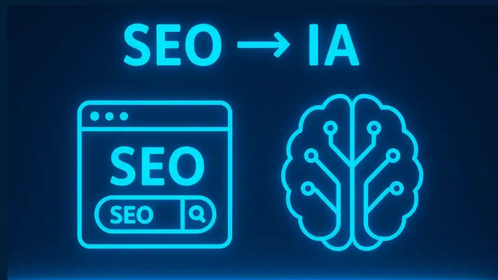 évolution du SEO avec l'IA : interface web avec barre de recherche et cerveau numérique connecté sur fond bleu