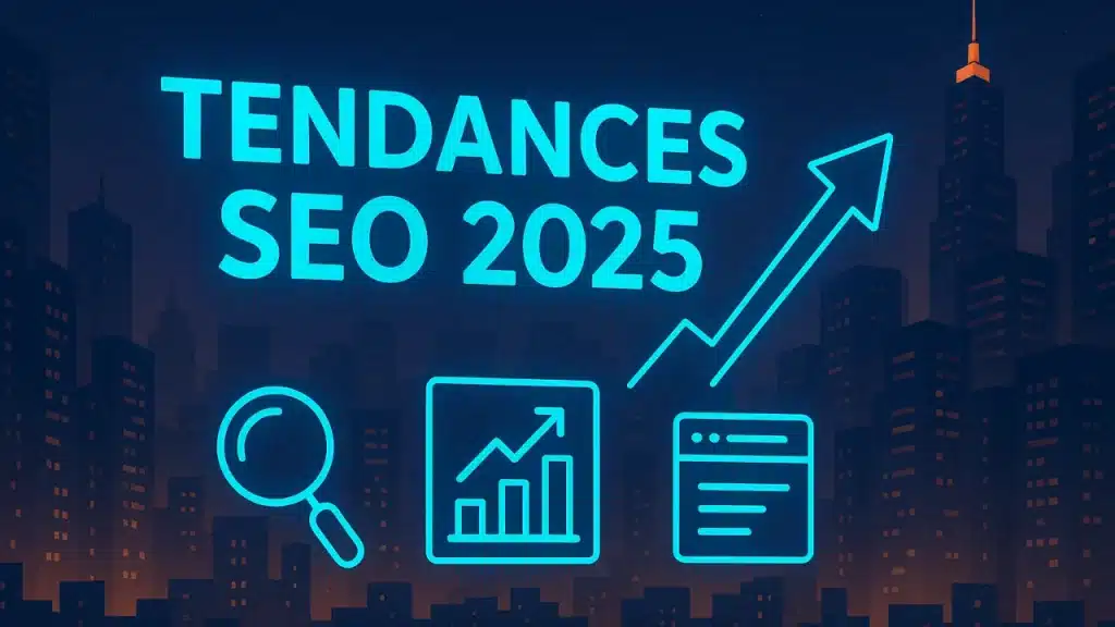 Illustration des tendances SEO 2025 avec une flèche de croissance, une loupe, un graphique d'analyse et une page web stylisée