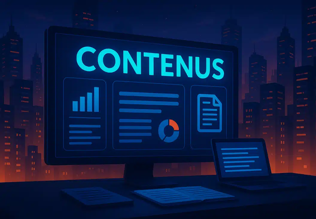 Écran d'ordinateur affichant un tableau de bord de contenu digital avec graphiques, documents et statistiques sur fond de paysage urbain nocturne