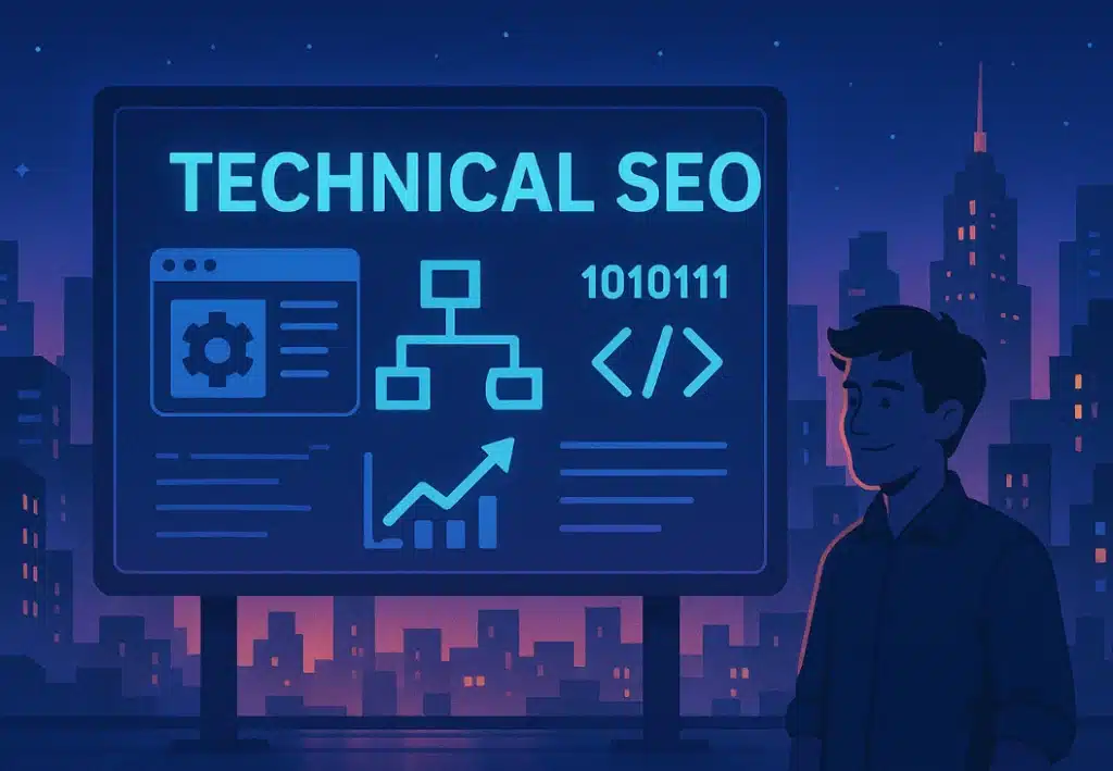 Panneau d'affichage illustrant le SEO technique avec code, structure de site, graphique de performance et éléments d'optimisation technique