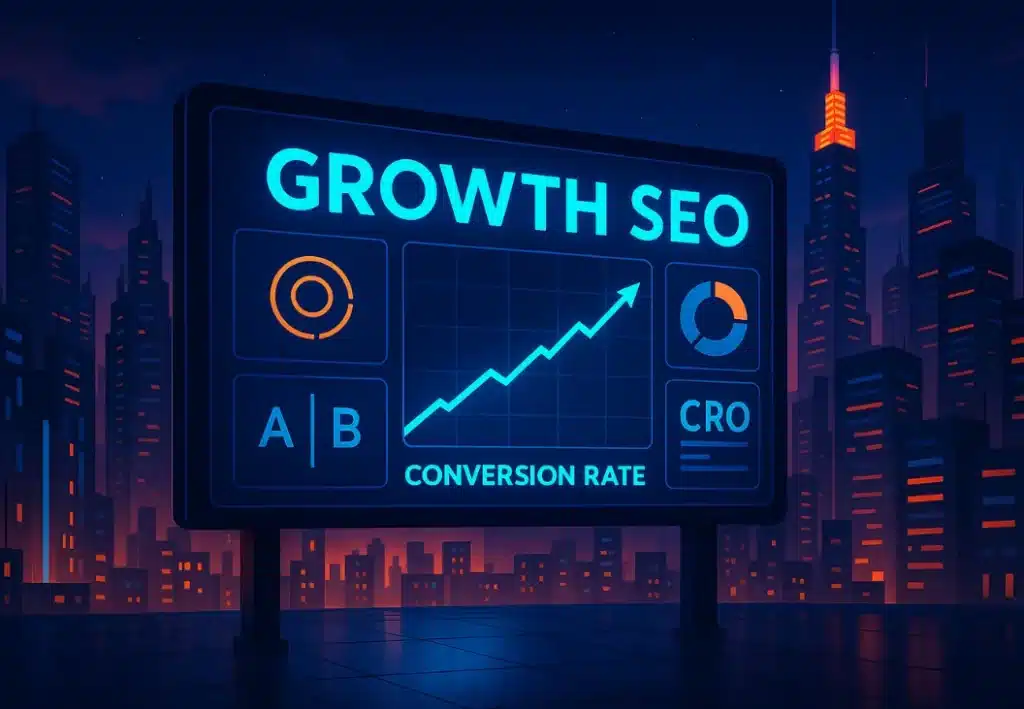 Tableau de bord Growth SEO affichant des métriques de conversion, tests A/B et optimisation CRO avec graphique de croissance